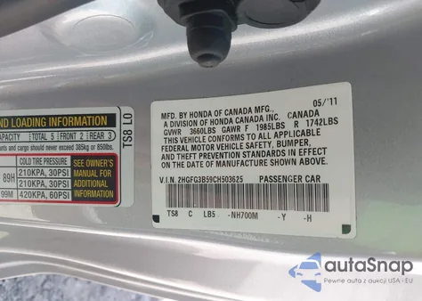 2012 Honda Civic Lx z USA, uszkodzony, nr VIN 2HGFG3B59CH503625
